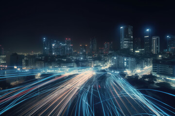 Fototapeta na wymiar smart digital city with high speed light trail of cars of digital data transfer.
