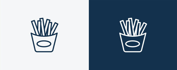 french fries box icon. Outline french fries box icon from restaurant collection. Linear vector isolated on white and dark blue background. Editable french fries box symbol.
