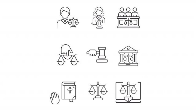 Court of law icons animation. Animated line legal system. Criminal justice. Federal law. Crime investigation. Loop HD video with alpha channel, transparent background. Outline motion graphic