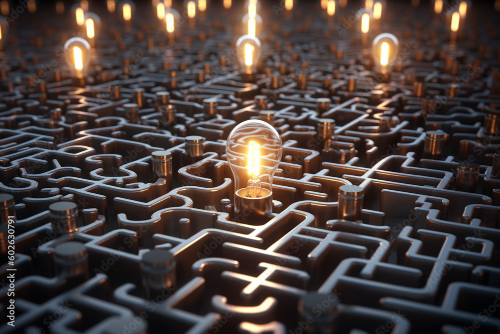 Poster a maze with a highlighted path leading to a lightbulb, symbolizing the process of navigating challen