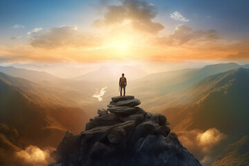 A person standing on top of a mountain, overlooking a vast landscape, representing the clarity and inspiration that comes with a breakthrough idea.  Generative AI technology