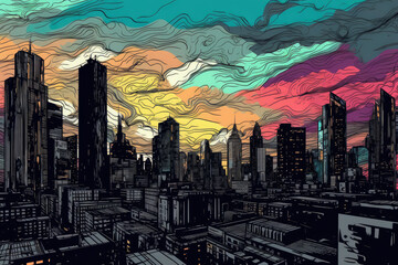 Downtown city skyline comic book art style. digital art illustration. generative A