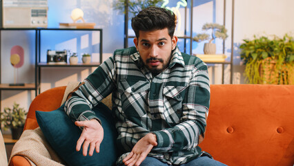 Indian man raising hands asking what why reason of failure, disbelief irritation by troubles, trendy social media meme, anti lifehacks, ridicules people who complicate simple tasks for no reason, home