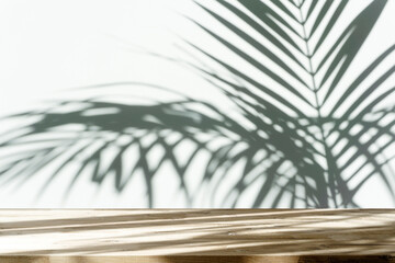 Table shadow background. Wooden table and white empty wall with plant shadows.