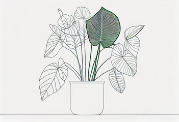 Tropical green leaves in white pot isolated on transparent background for art style. Generative Ai	