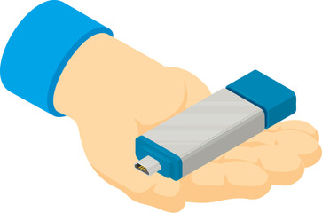 Data store icon isometric vector. Metal portable white flash drive in human hand. Electronic device, modern technology