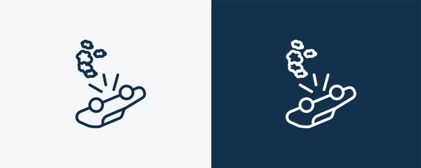 overturned vehicle icon. Outline overturned vehicle icon from Insurance and Coverage collection. Linear vector isolated on white and dark blue background. Editable overturned vehicle symbol.