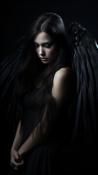 angel of devil, girl with black angel wings and long black hair, fictional person made with generative ai
