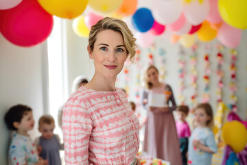 Smiling mother at her children's birthday party. Generative AI.