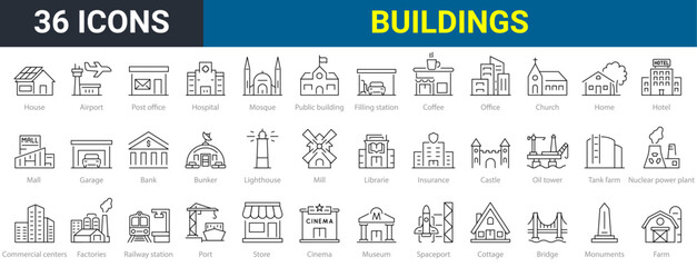 Set of 30 web icons Building in line style. Airport, Office, Hotel, Hospital, Insurance, town house, mall, coffee, . Vector illustration. - obrazy, fototapety, plakaty