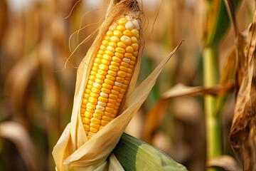 Ripe corn on the cob in the field, close-up