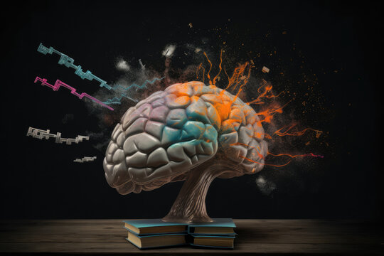 Concept art of a human brain exploding with knowledge and creativity