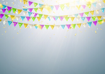 Garland flag with falling confetti. Celebration background for party, carnival, birthday or presentation. Vector illustration.
