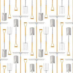 Seamless pattern with gardening equipment and garden tools, rake, spade and fork with wooden handle, top view isolated on white background. Wrapper template for greenhouse, or vegetable garden.