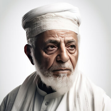 Adult Emirati man in UAE traditional outfit showing a variety of hand gesture. grandfather portrait Generative AI