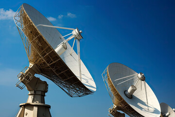 Satellite dishes on the bright blue sky background