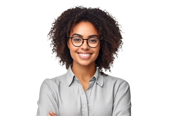 Portrait of young smiling african american girl looking at camera with crossed arms. Happy girl standing Successful business woman, isolated on transparent background, Generative AI - obrazy, fototapety, plakaty