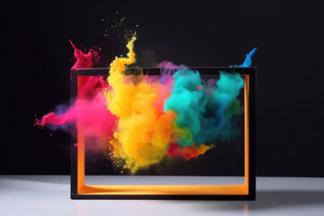 Fototapeta na wymiar Product display frame with colorful powder paint explosion 