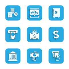 Set Briefcase and money, Stacks paper cash, Credit card inserted, Dollar symbol, Bank building, ATM, Safe and Paper or financial check icon. Vector