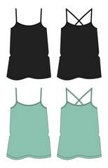 Ladies tank tops technical drawing fashion flat sketch vector illustration black and green color template front and back views 