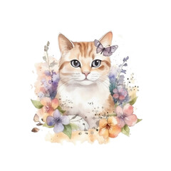 Enchanting Watercolor Illustration: Adorable Cat Surrounded by Delicate Blooms and Floral Beauty, transparent png, Created by Generative AI