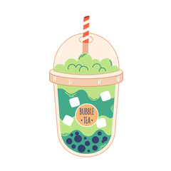 Bubble Milk Tea with tapioca pearls. Boba tea. Cold Asian Taiwanese drink. Summer cold drink. Hand drawn vector illustration