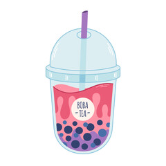 Bubble Milk Tea with tapioca pearls. Boba tea. Cold Asian Taiwanese drink. Summer cold drink. Hand drawn vector illustration