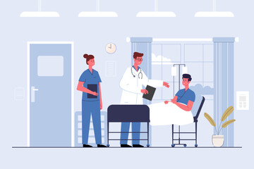 doctor and nurse standing with patient on the bed. Vector illustration in a flat style cartoon character