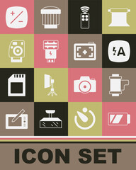 Set Battery for camera, Camera roll cartridge, Auto flash, Remote control, Photo, Exposure compensation and icon. Vector