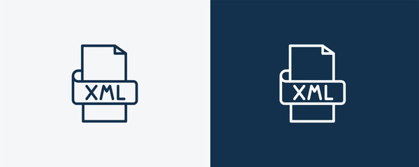 xml icon. Outline xml icon from information technology collection. Linear vector isolated on white and dark blue background. Editable xml symbol.