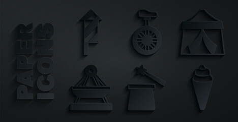Set Magic hat and wand, Circus tent, Boat swing, Ice cream waffle cone, Unicycle or wheel bicycle and Firework rocket icon. Vector © Kostiantyn