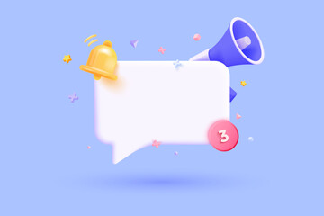3D Speech bubble message with Megaphone and Bell notification. Subscribe and newsletter concept. Banner template with empty copy space for promotion. Blank Mockup. Reminder popup. 3D Vector
