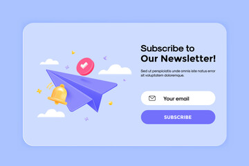 3D Subscribe to newsletter banner template with cartoon paper airplane. Email business marketing concept. Subscription to news and promotions. Registration form. Web button mockup. 3D Vector