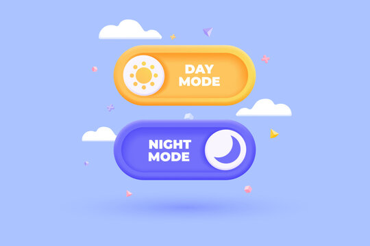 3D Day and night mode switch icon set. On Off or Light and Dark toggle buttons. Daymode and nightmode. Mobile app interface. Cartoon creative design icon isolated on white background. 3D Vector
