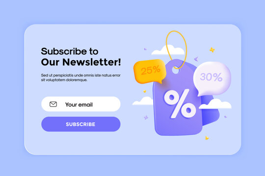 Subscribe to newsletter and get a discount code coupons for your purchases. Email business marketing concept. Subscription to news and promotions. Registration form. Web button mockup. 3D Vector