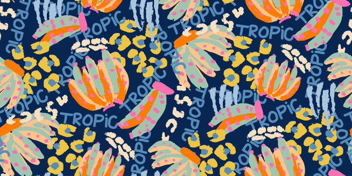 Bright saturated graffiti tropical colorful art pattern with bananas.