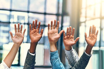 People, diversity and palm group hands in a office meeting with community and at work. Collaboration, teamwork and solidarity of staff with arms and hand raised in a workplace with company team