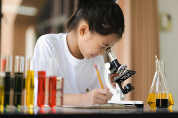 Asian girls having fun experimenting with science.
