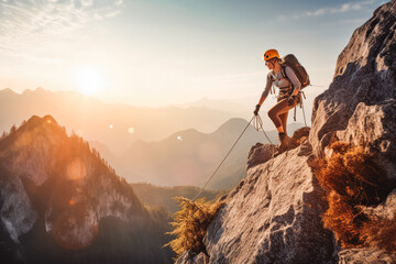 Happy woman climbing via ferrata. Portrait of woman in sunset lighting looking in to distance. Hiking with helmet and backpack. Generative AI - obrazy, fototapety, plakaty