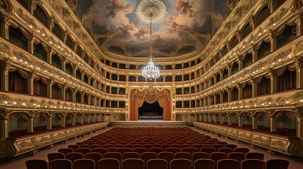 Obraz premium A large auditorium with a chandelier and red seats. Generative AI. Classical music or opera theater interior.