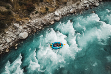 White water rafting on alpine river. Top down view of people in raft going down river. Beautiful nature blue water and trees. Generative AI - obrazy, fototapety, plakaty