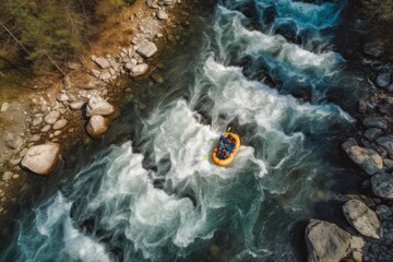 White water rafting on alpine river. Top down view of people in raft going down river. Beautiful nature blue water and trees. Generative AI - obrazy, fototapety, plakaty