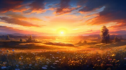 Colorful Sunrise Over Yellow Field: Tilt-Shift Style, Light Cyan and Lens Flare, Panoramic Light-Filled Scene, Created by Generative AI