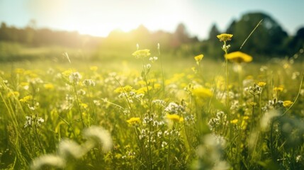 Summer Countryside Field of Flowers: Lens Flare, Yellow and Emerald Hues, Spectacular Backdrops, God Rays, Pastoral Landscape, Bokeh Panorama, UHD Image, Created by Generative AI