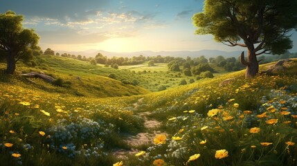 Sublime Light Effects on Pastoral Landscape: Wide Field of Flowers Under the Sun, Yellow and Emerald Hues with Light Azure Sky, Iconic Vray Style, Created by Generative AI