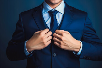 Smart businessman wear blue suit and tie. Portrait of businessman fixing his jacket. Generative AI