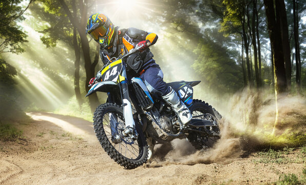 Dynamic image of professional motorcycle rider driving on cross enduro motorbike on daytime with sunlight. 3D forest render background. Concept of motosport, speed, hobby, journey, activity