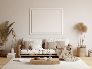 Mockup Frame in Rustic Living Room: Organic Forms, Muted Tones, Mesoamerican Influences, Gray and Beige, Vignettes of Paris, Richly Layered Naturalism, Expansive, Created by Generative AI