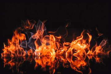 Fototapeta na wymiar Fire flames on black background. Bright and hot fire burning on ground. Generative AI
