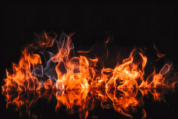Fototapeta premium Fire flames on black background. Bright and hot fire burning on ground. Generative AI